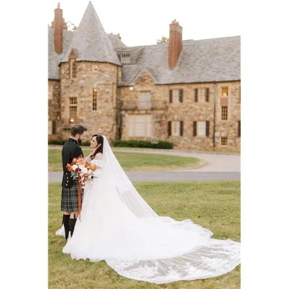 Wedding Veils Cathedral Length 2 Tier Long Sequins Lace Edge Blusher with Comb